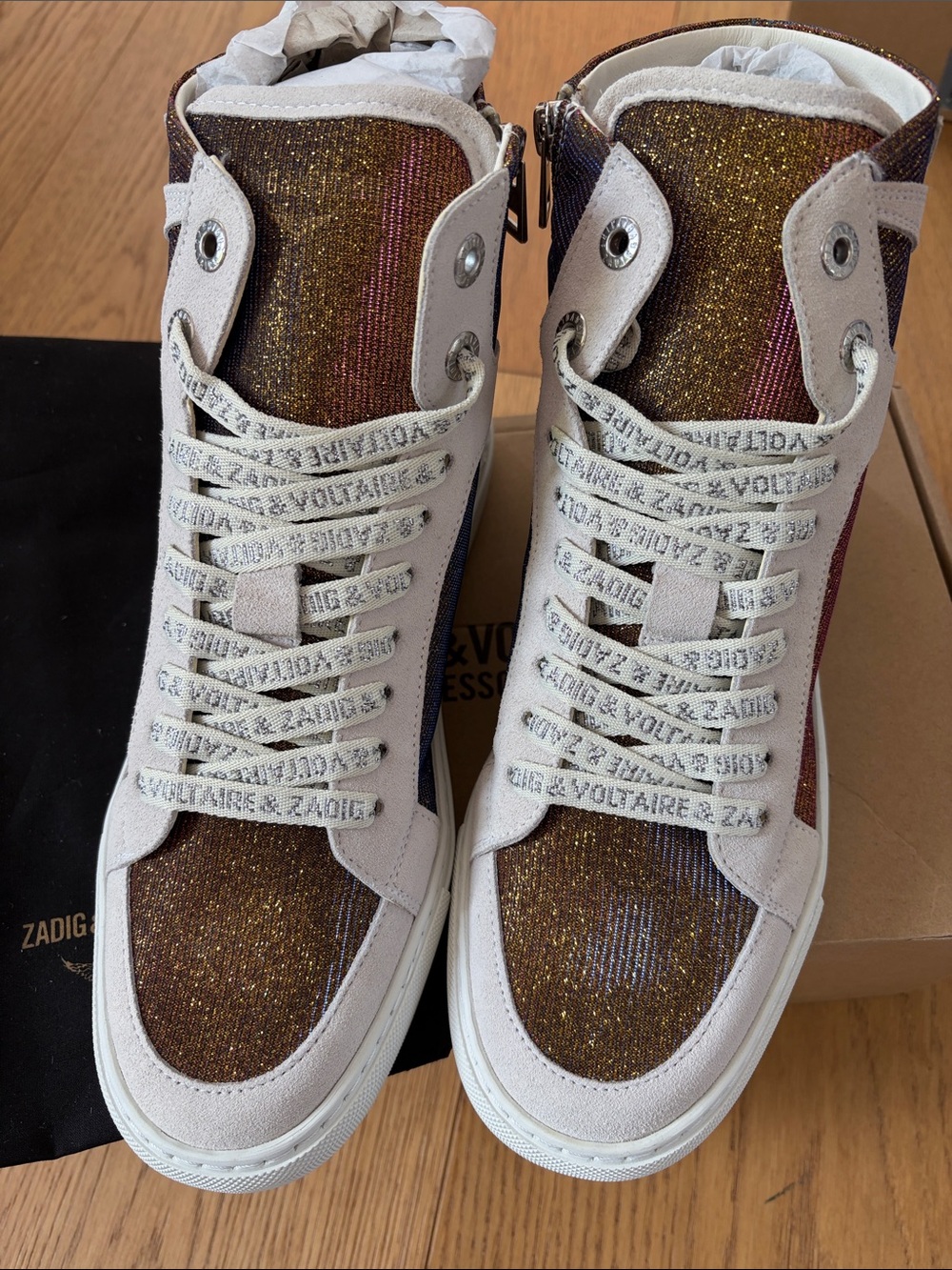 Zadig & Voltaire Glittery GOLD MULTI COLOR and Cream High-Top Sneakers
